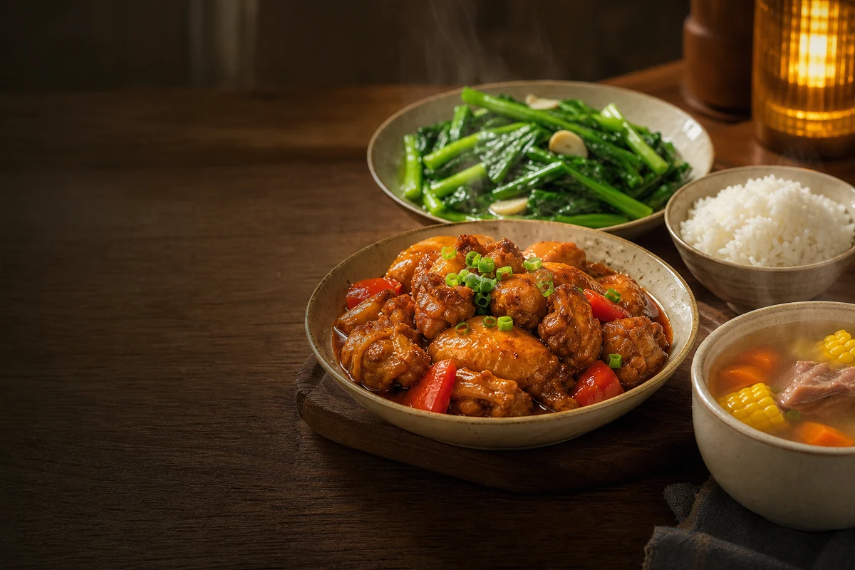 红烧鸡肉、青菜、米饭和汤组成的家常晚餐