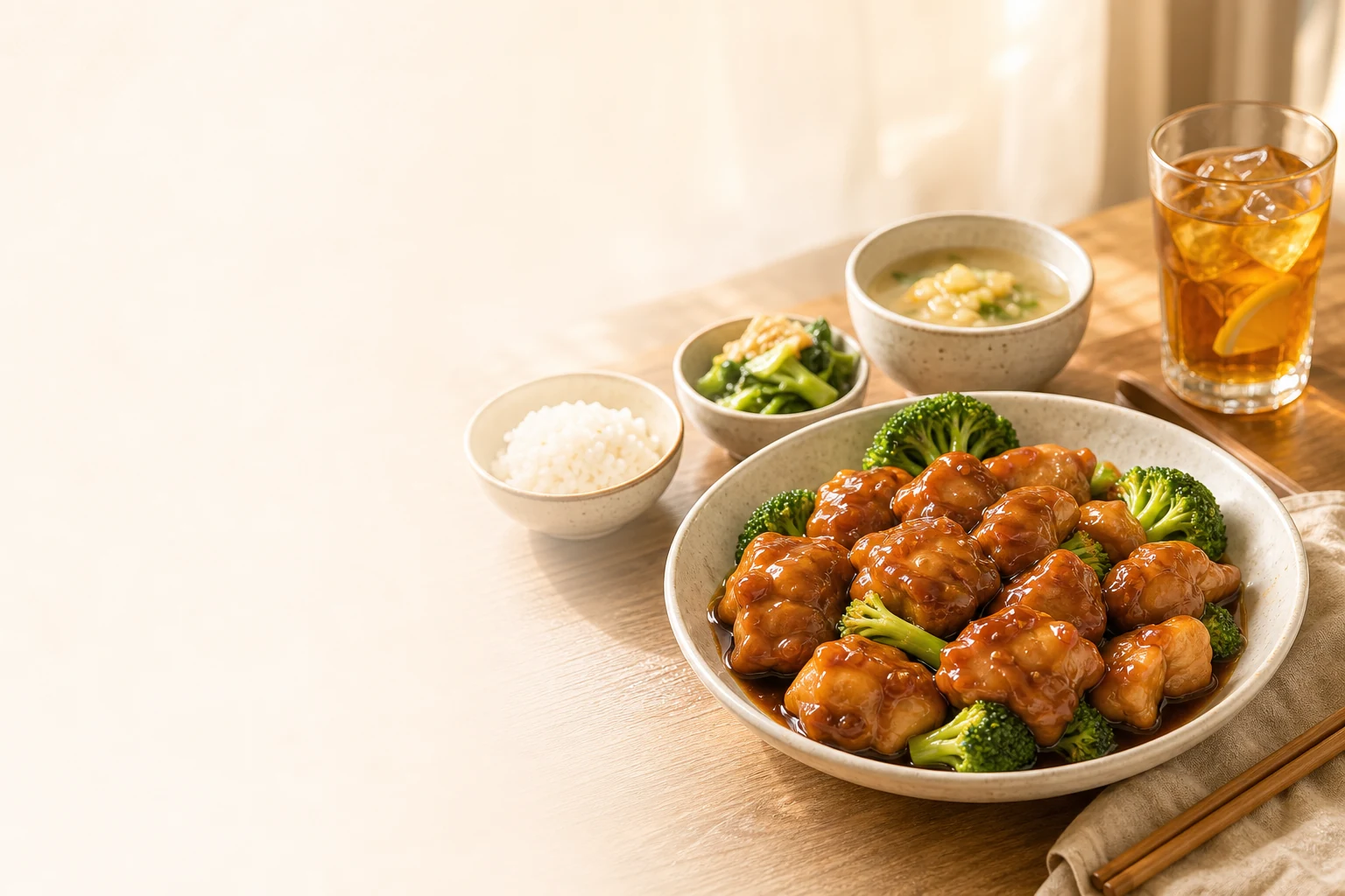 明亮餐桌上摆着鸡肉、米饭、青菜、热汤和茶