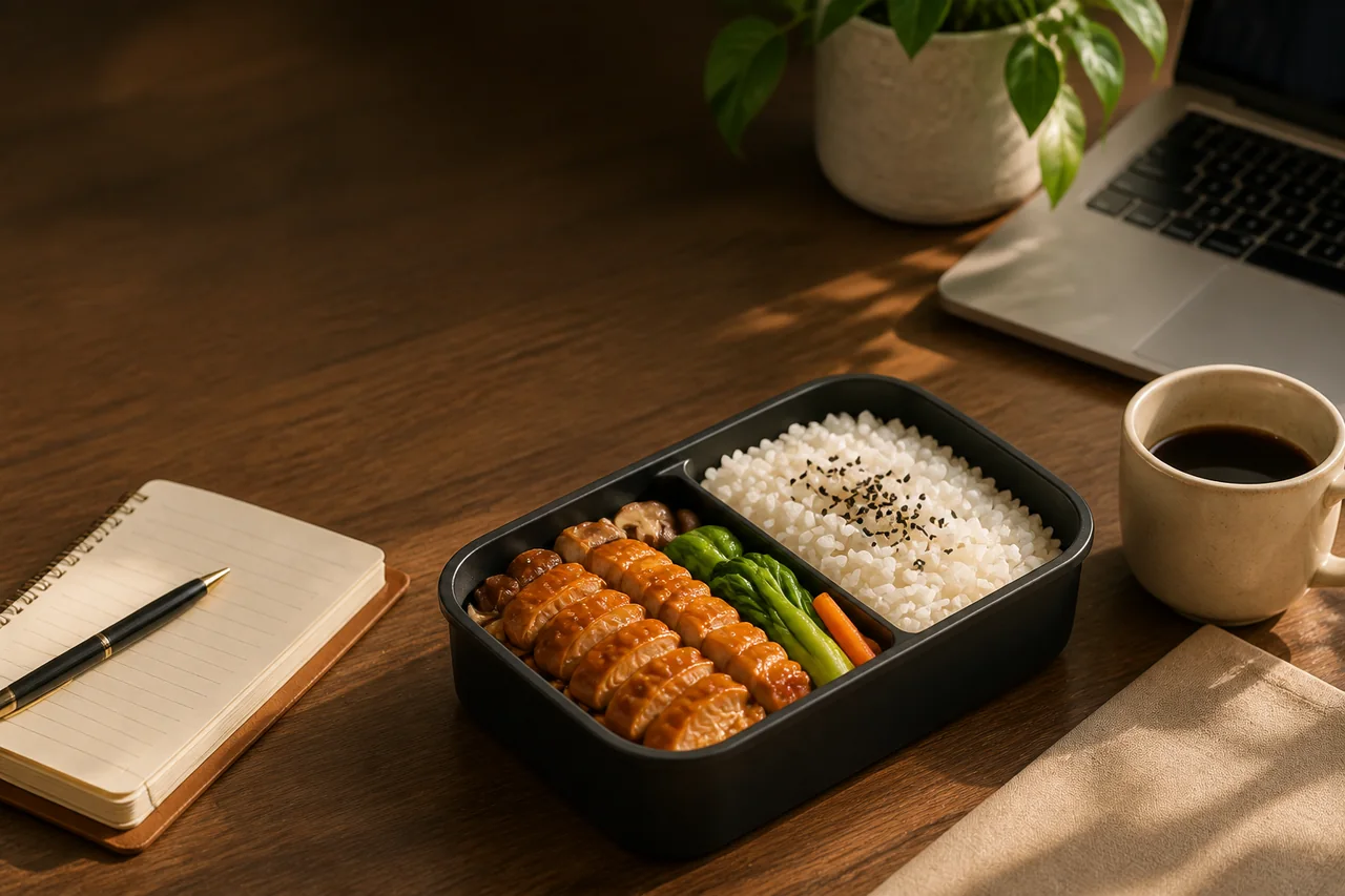 办公桌上的鸡肉便当、咖啡和笔记本